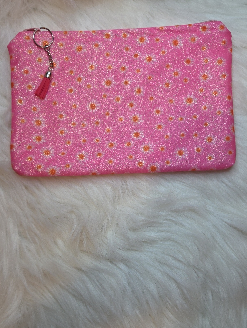 Pink Floral Glitter Cosmetic Pouch with Tassel Keyring